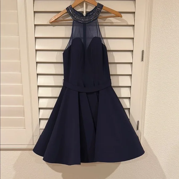 mac duggal navy blue dress Navy Beaded Lace Long V Neck Dress With Open Back main image 0